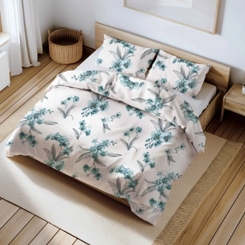 Pościel bawełniana w kwiaty Turkus